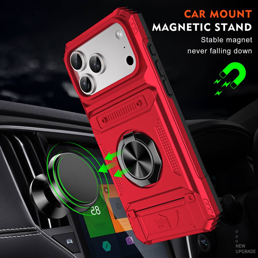 iPhone 17 Pro Max with Ring Holder Kickstand, Magnetic Car Mount, Hidden Card Slot