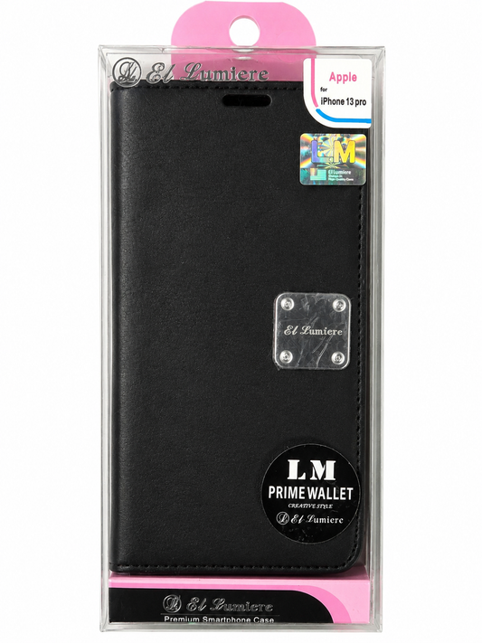EL Lumiere LM Prime Wallet Case For Apple iPhone 13 Pro- Premium Black Flip Folio Cover