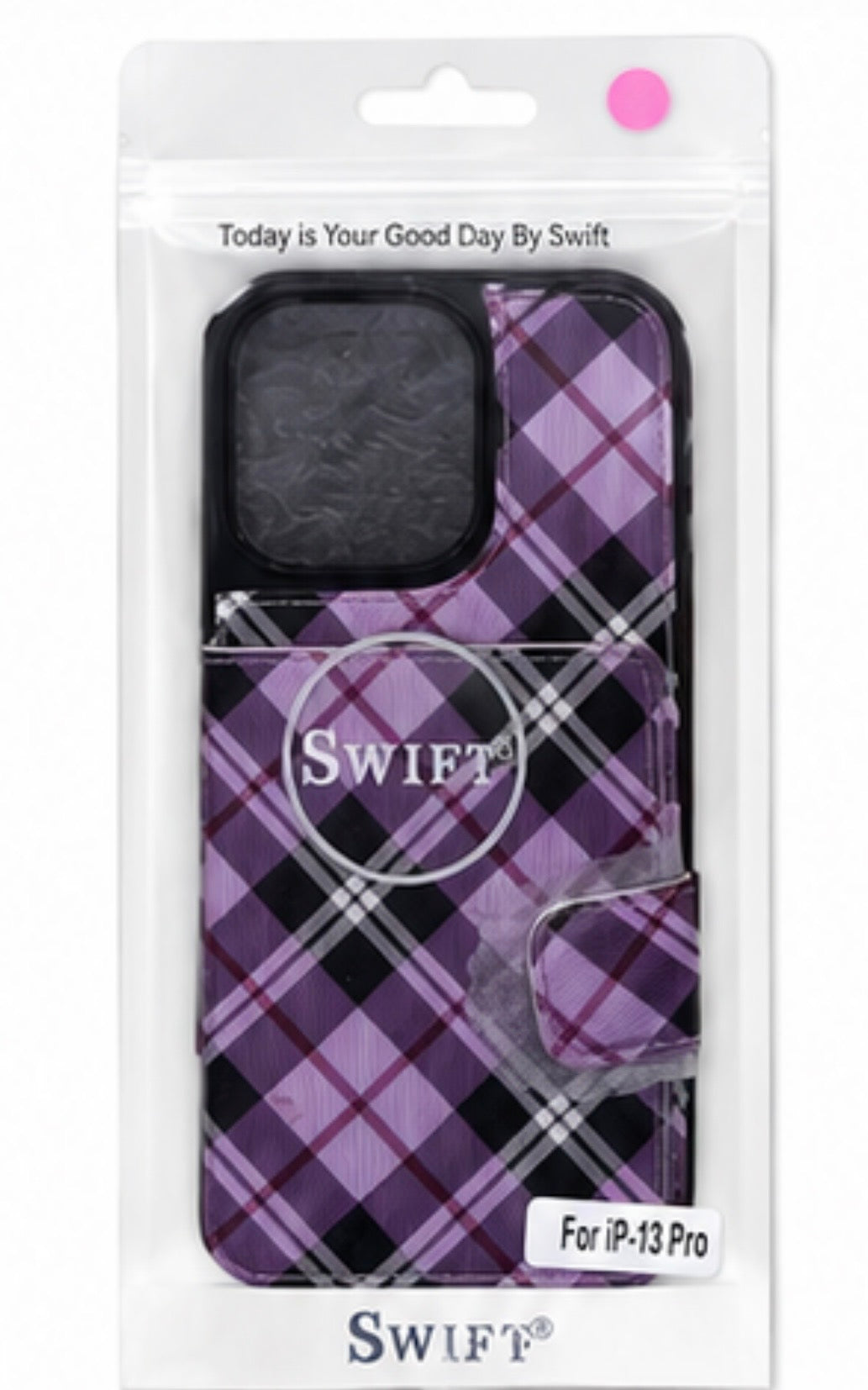 iPhone 13 Pro Purple Plaid Wallet Case – Magnetic Flip Folio Cover